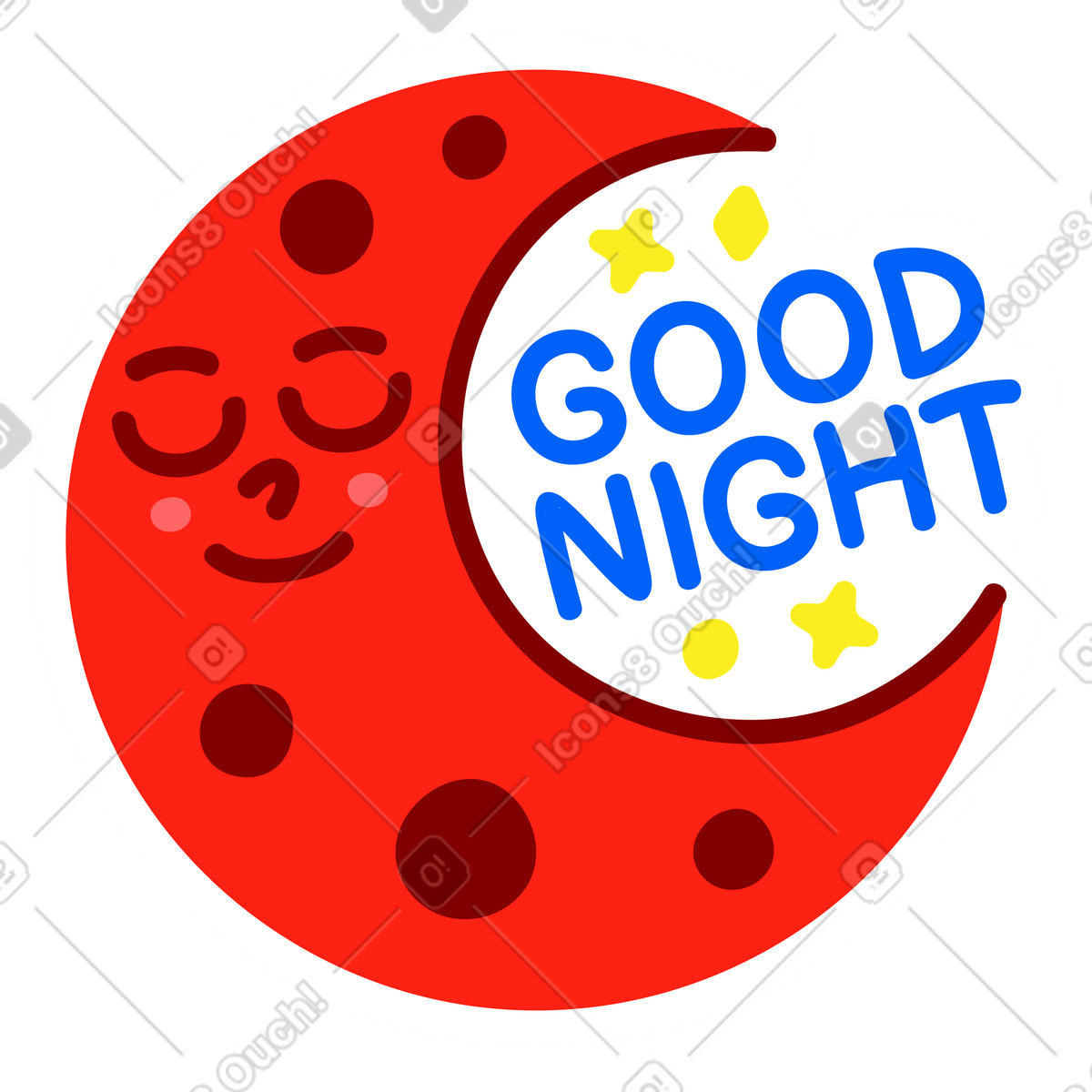 Ilustración Pegatina de letras buenas noches media luna texto rojo amarillo en estilo Lettering a descargar en PNG y SVG