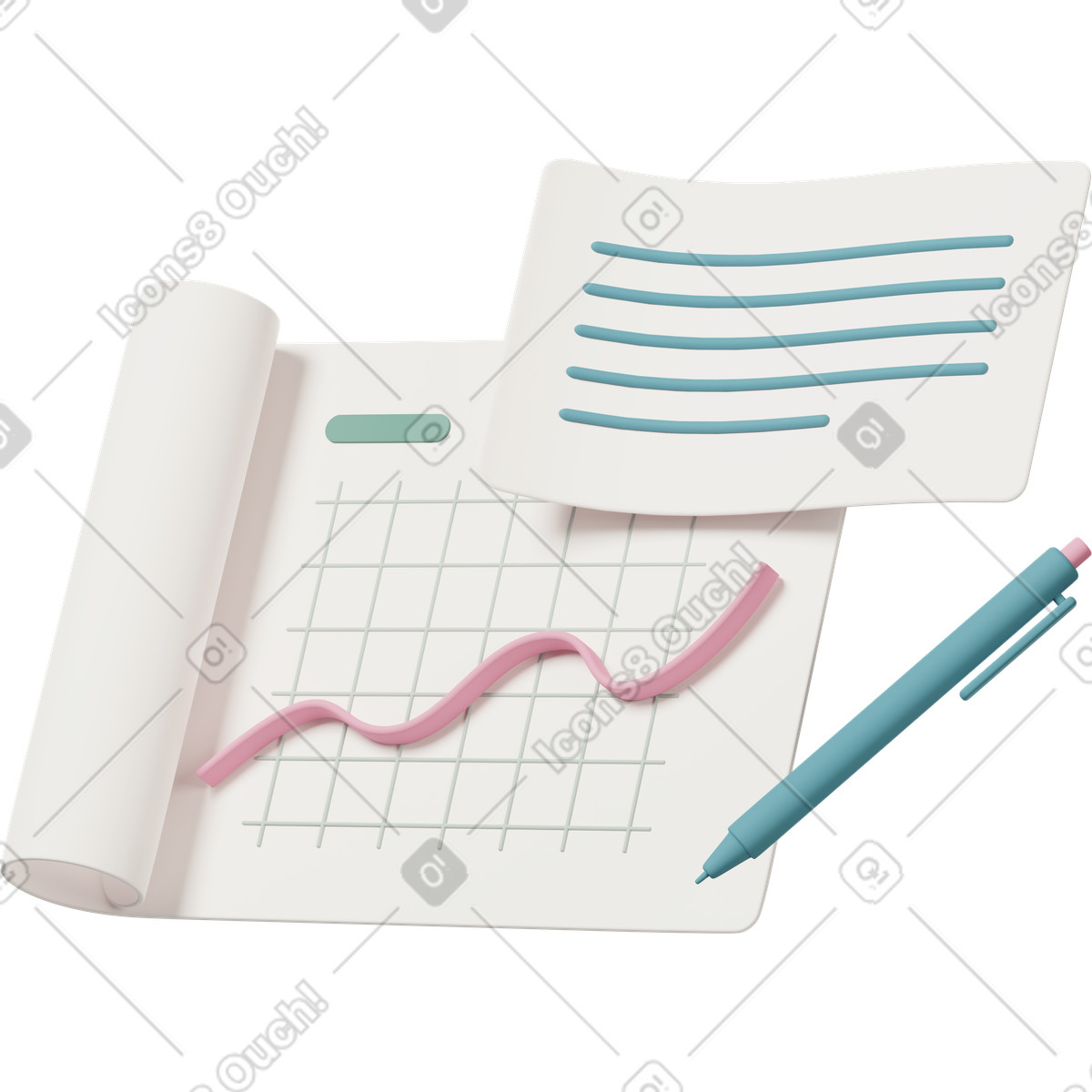 3D Casual life 스타일의 Documents with diagram and pen 일러스트레이션 PNG, SVG 다운로드