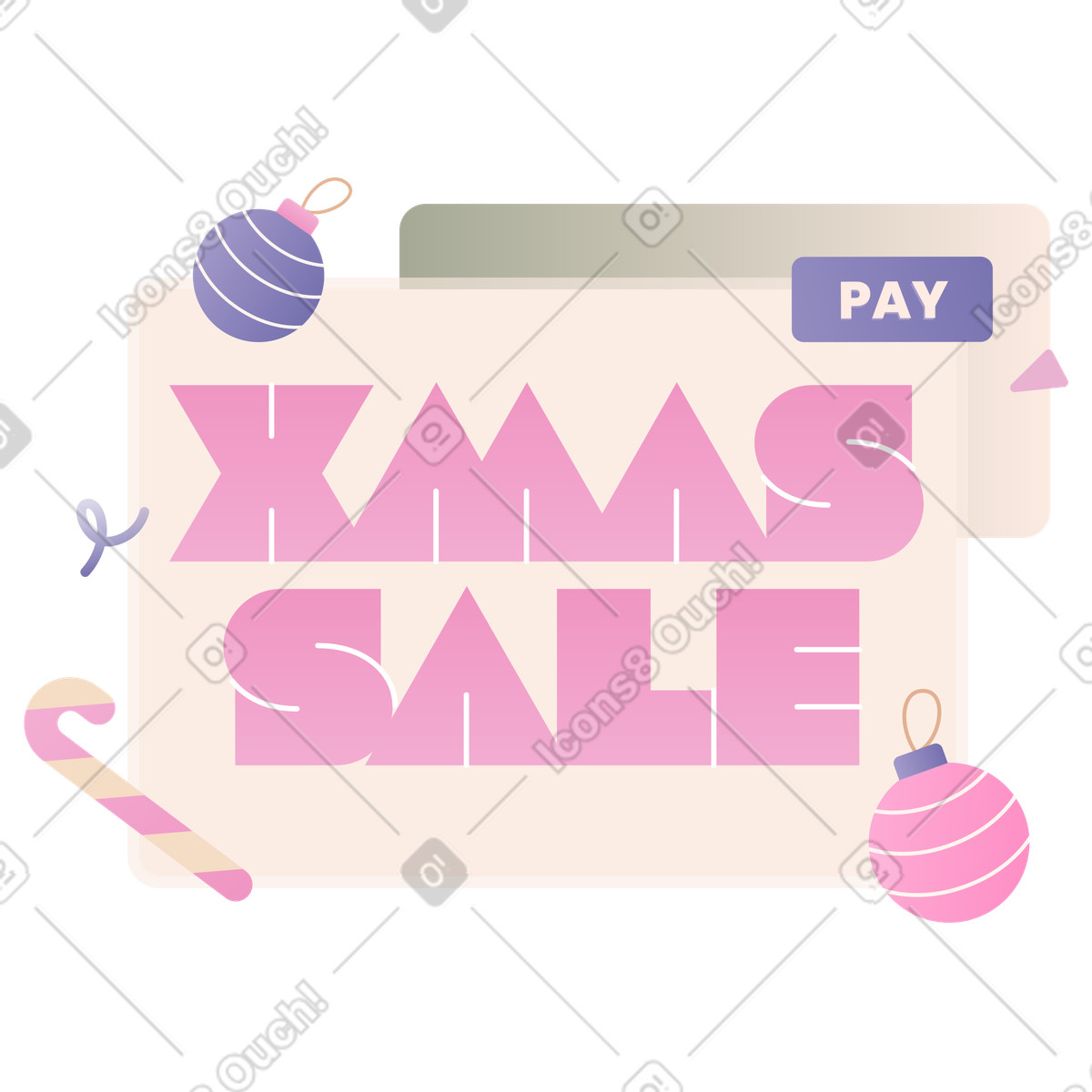 Lettering Xmas Sale with Christmas baubles and candy cane text illustration in Coworking style download in PNG, SVG