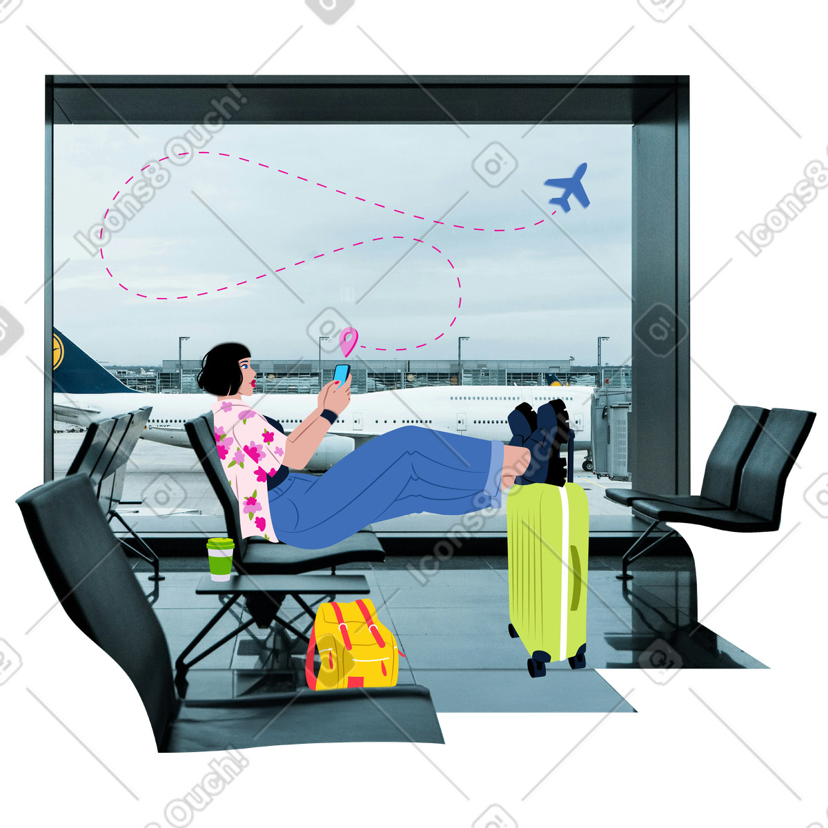 Иллюстрация Young woman sitting at the airport waiting for a flight в стиле Everyday — скачать в форматах PNG, SVG