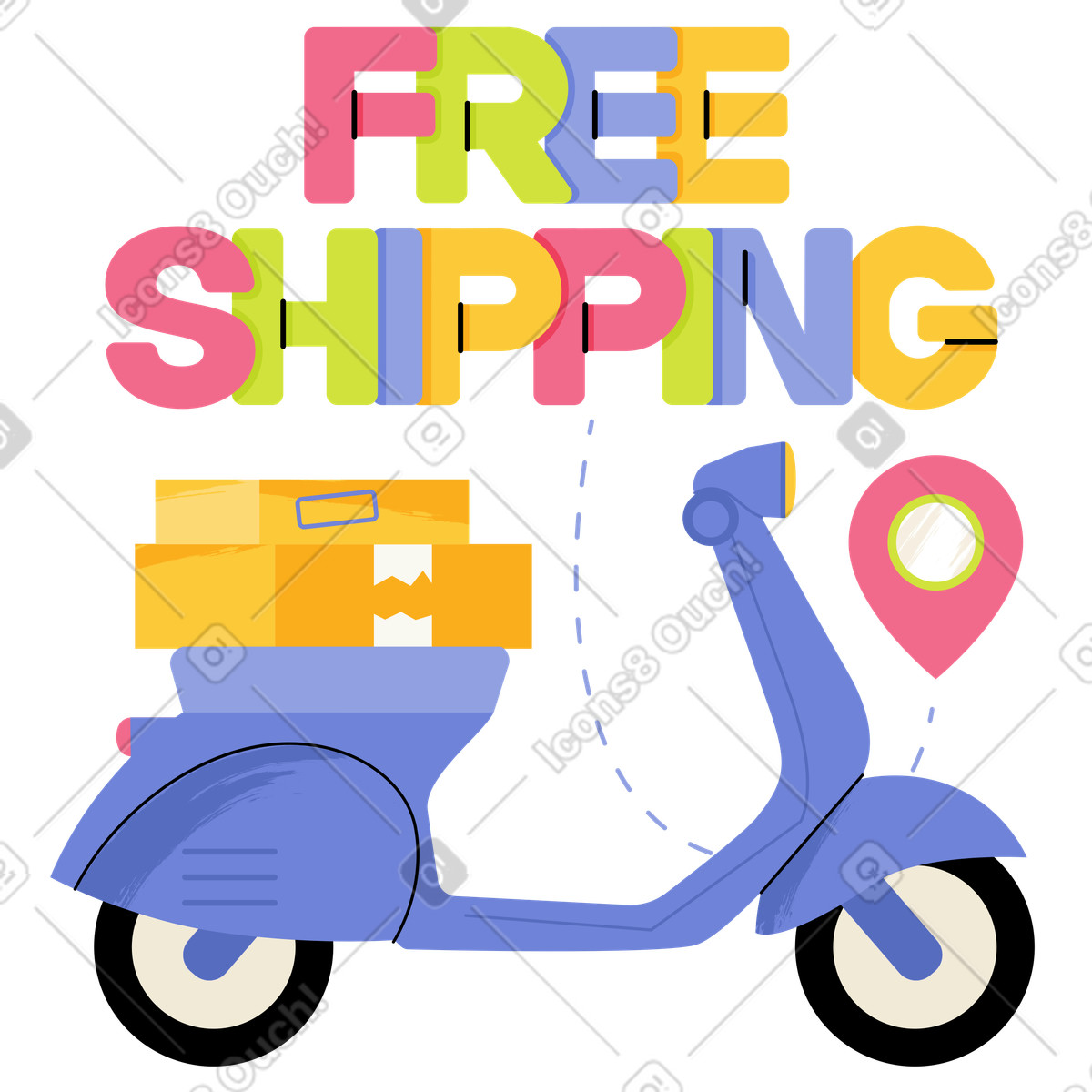 Free Shipping text with delivery scooter and location sign Lettering illustration in Juicy style download in PNG, SVG