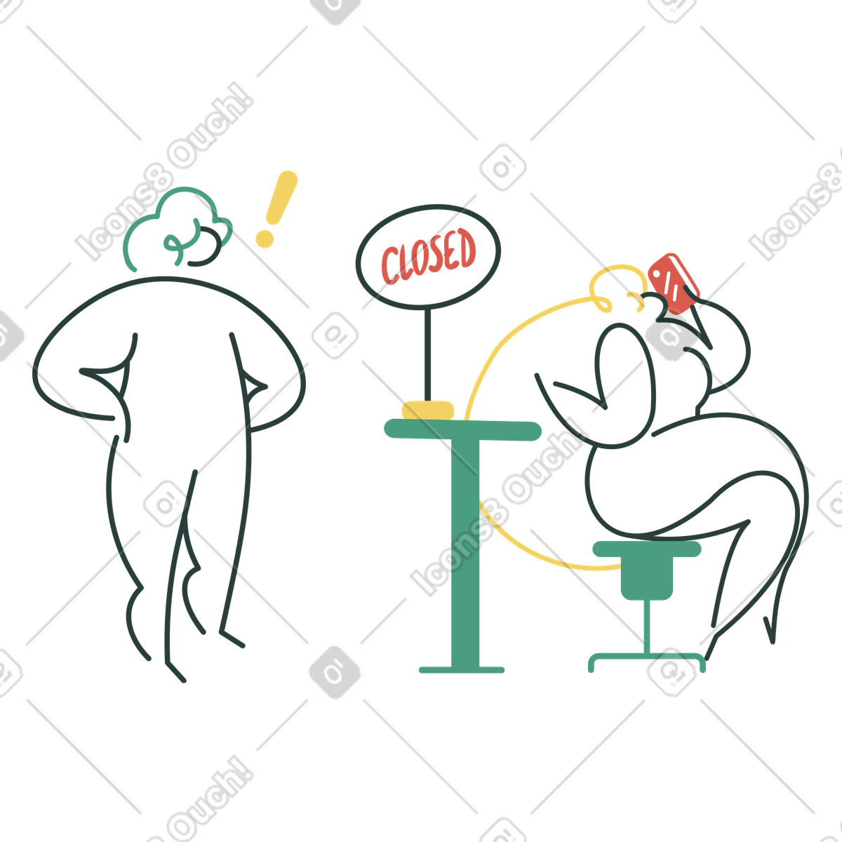 Upset customer at closed service desk, downtime or maintenance illustrazione in stile Macaroni scarica in PNG, SVG