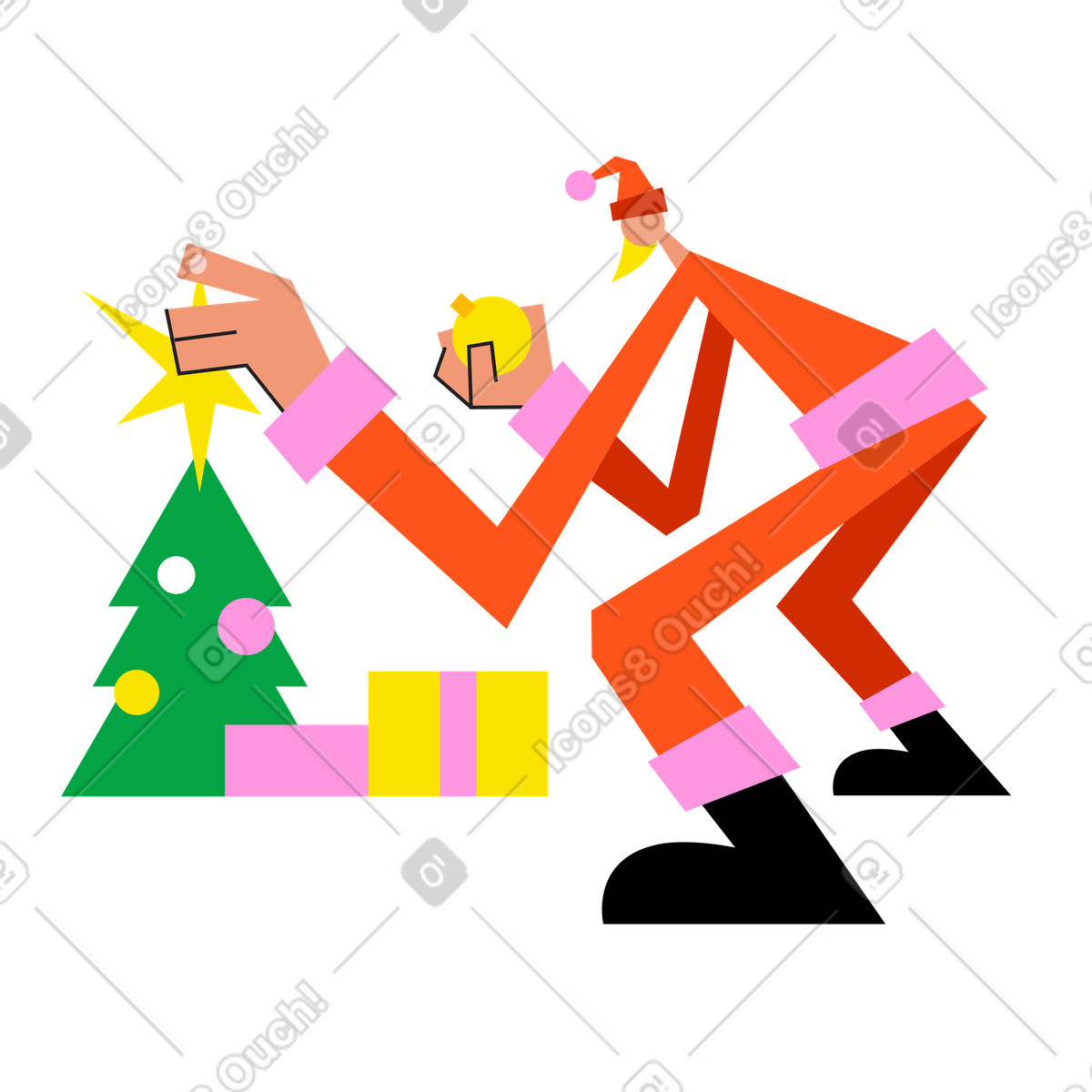 Ilustración Papá noel decorando el árbol de navidad en estilo Warp a descargar en PNG y SVG