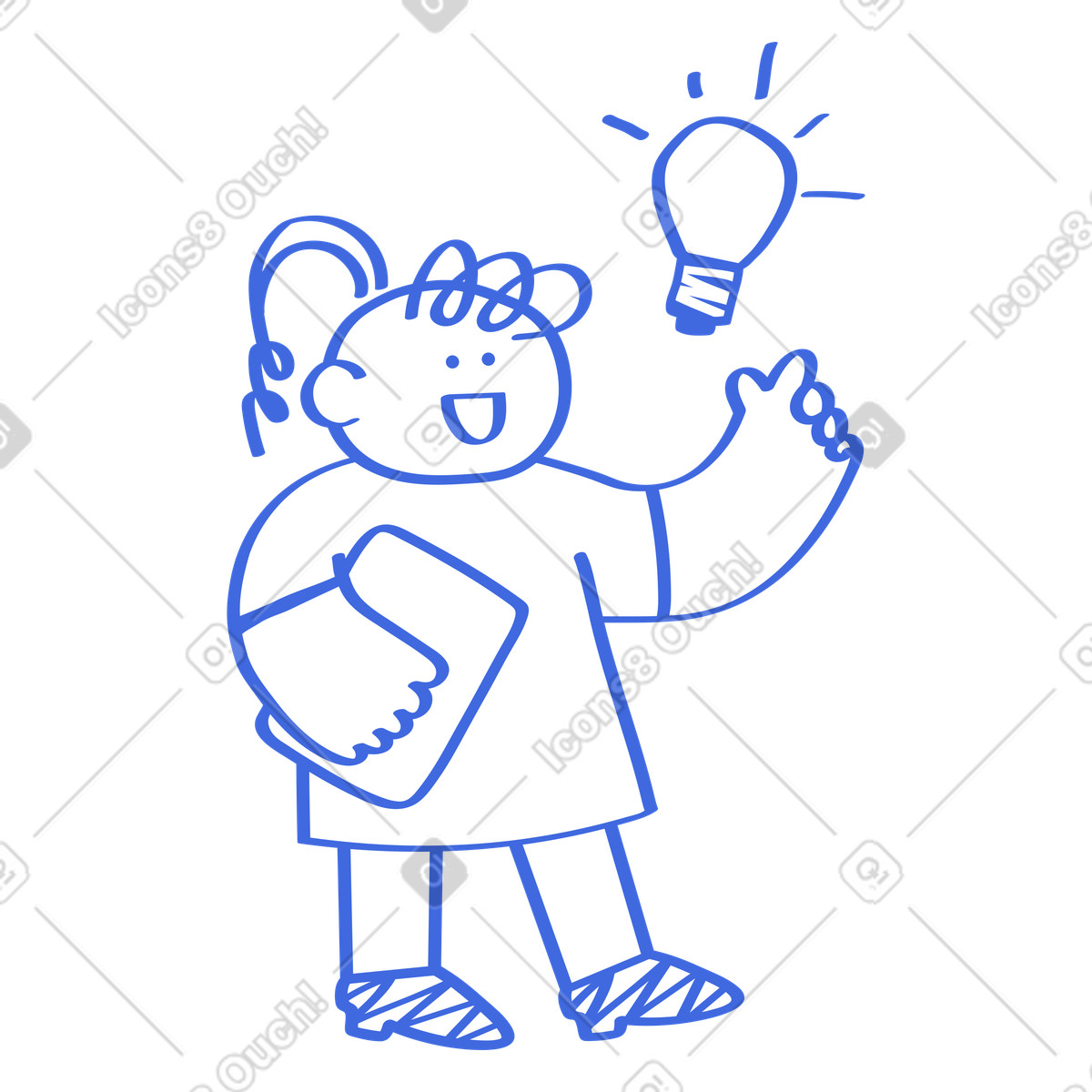 Ilustración Lightbulb idea above character holding tablet and pointing upward happily en estilo Ballpoint Pen a descargar en PNG y SVG