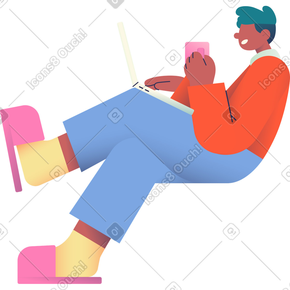 Seated man with laptop and mug illustration in Beam style download in PNG, SVG