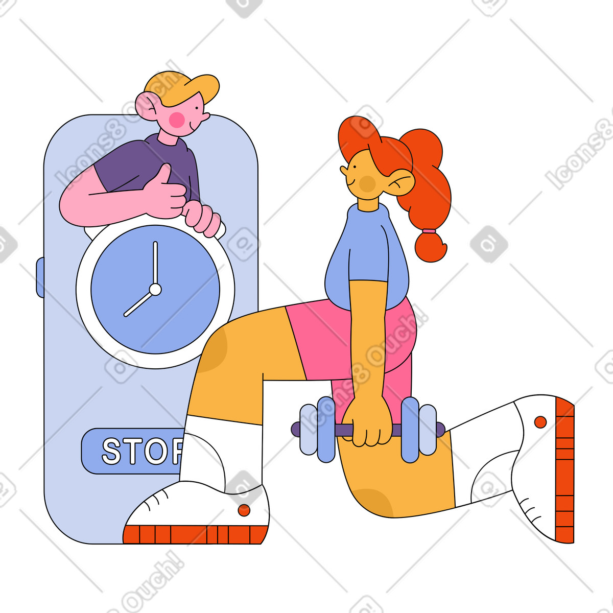Girl exercising with an online trainer illustration in Bloom style download in PNG, SVG