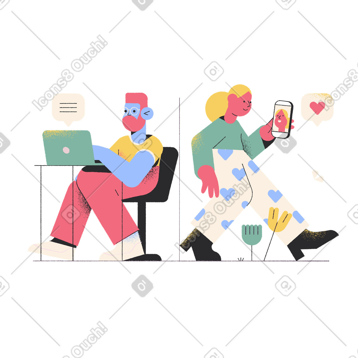 Couple chatting online and browsing social app, Remote communication digital connection illustration in Pablo style download in PNG, SVG