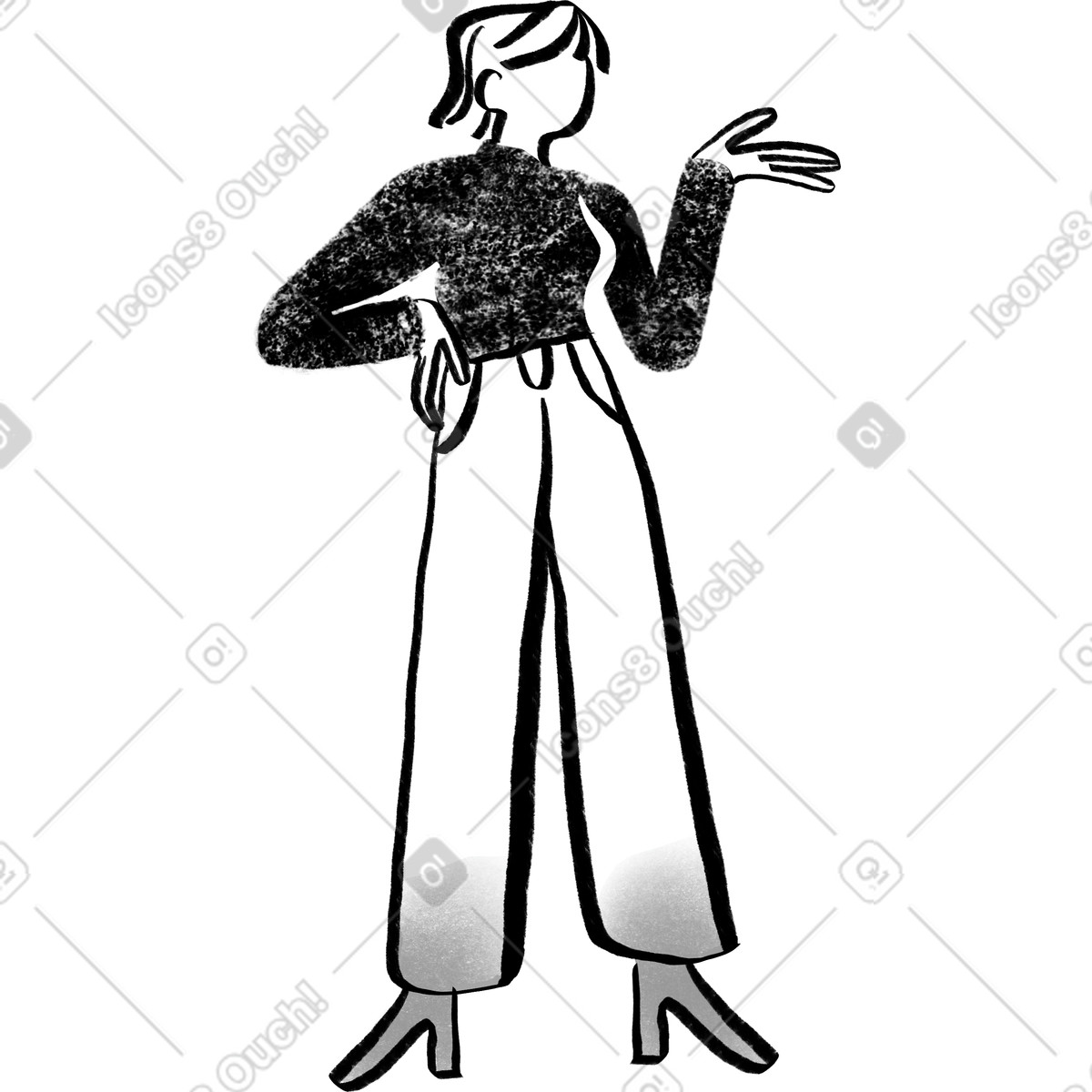 Illustration Femme aux cheveux courts noir et blanc debout avec sa main sur hanche dans le style Company à télécharger formats PNG, SVG