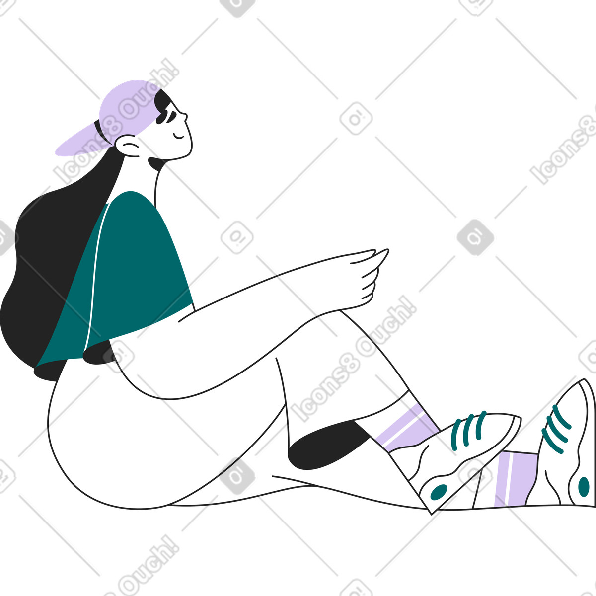 Sitzendes mädchen mit ausgestreckter hand-Illustration im Sammy Line-Stil als Download in PNG, SVG