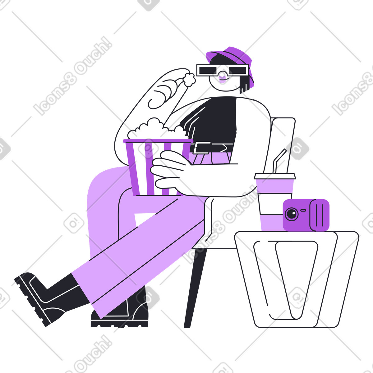 Ilustração de Mulher assiste a um filme com pipoca em no estilo Grapy para baixar em PNG, SVG