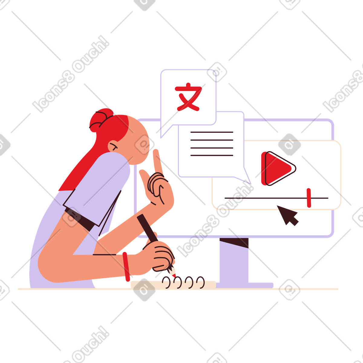 下载 Folks 风格的 Student watching foreign language lesson, Online course 插画，支持 PNG、SVG 格式