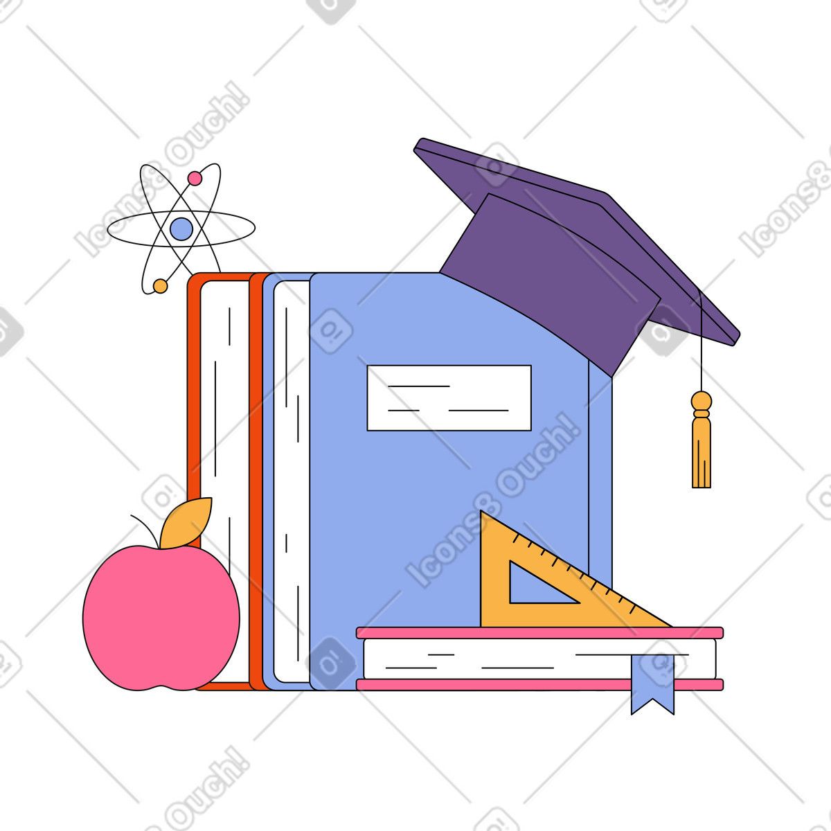 Cap hangs on the books and next to it lies an apple and a flying molecule illustration in Bloom style download in PNG, SVG