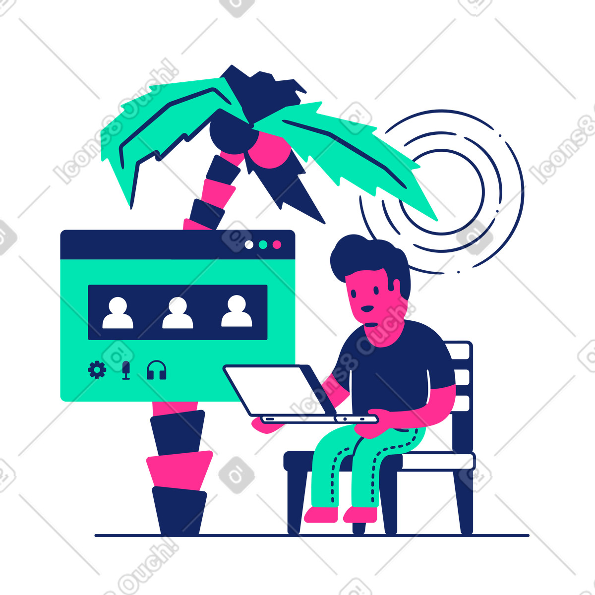 Man working remotely on beach illustration in Cyborg style download in PNG, SVG