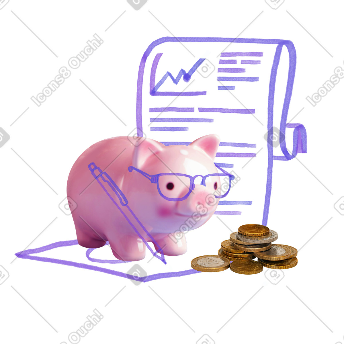 Finanzielle bildung: schweinchen unterschreibt ein dokument-Illustration im Marker-Stil als Download in PNG, SVG