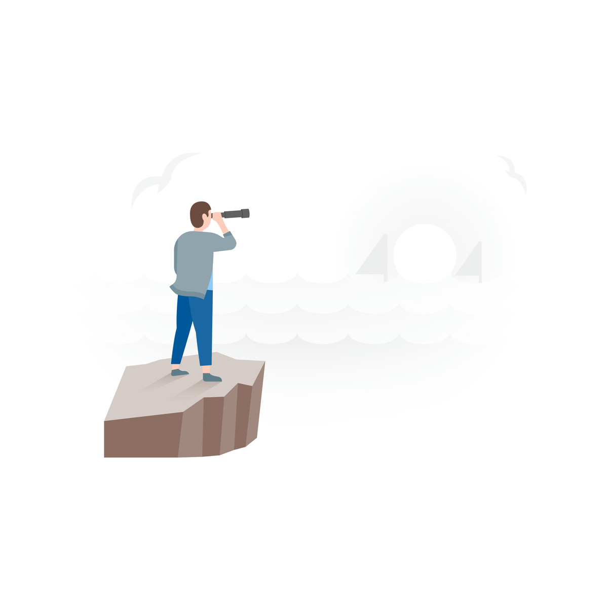 Traveler looking through binoculars at sea, Searching for unavailable resources or page not found illustration in Fogg style download in PNG, SVG