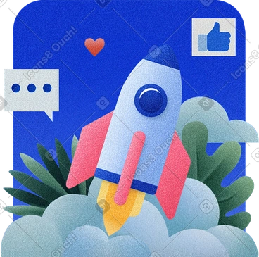Lancement d'une fusée au-dessus des nuages avec des icônes de chat et de pouce levé, concept de croissance de startup et de réussite commerciale PNG, SVG