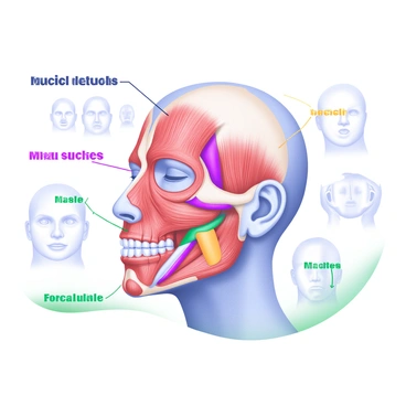 A detailed view of the human face, focusing on the various facial muscles. The muscles are labeled and highlighted in different colors to illustrate their functions. Each muscle is depicted in a natural position, showing how they contribute to various facial expressions such as smiling, frowning, and raising eyebrows. The skin texture is smooth and realistic, emphasizing the anatomical structure underneath. The background includes faint outlines of different facial expressions to provide context for the muscle movements.