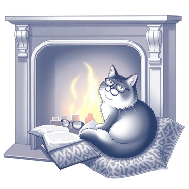A fluffy Victorian-style cat with plush fur is lounging comfortably by a roaring fireplace. The cat is positioned on a richly patterned cushion, with a classic novel opened beside it. The fireplace is adorned with ornate mantelpieces, and the warm glow of the fire casts soft light on the scene. The cat appears to be gazing at the pages of the book, its eyes wide with curiosity, while a small pair of reading glasses rests on its nose.