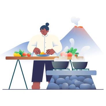 A local chef with medium skin and dark hair tied back is standing in a geothermal area near a volcano. He is wearing a white chef's jacket and black pants. Steam is rising around him, creating a misty atmosphere. The chef is skillfully preparing ingredients on a wooden table, with fresh vegetables and herbs spread out in front of him. In the background, the volcano shows signs of activity, with a small plume of smoke gently rising from its peak. There are several cooking pots positioned on a stone grill, taking advantage of the steam and heat from the ground below.