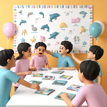 A children's book launch event taking place in a bright, colorful room filled with decorations and balloons. In the foreground, a large table is covered with copies of the children's book, featuring "lively illustrations of native New Zealand animals" on the cover. Surrounding the table are children excitedly pointing at the illustrations and discussing them. In the background, a decorated wall features a large poster displaying a variety of native New Zealand animals such as "kiwis," "kiwi birds," "takas," and "Hector's dolphins." The atmosphere is filled with joy and curiosity as the children engage with the books and illustrations.
