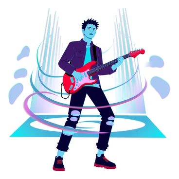 A musician with short, spiky hair and wearing a leather jacket is playing an electric guitar. The musician stands confidently on stage, with bright stage lights illuminating their figure. Flowing from the guitar are visible sound waves, illustrated as vibrant, colorful waves radiating outward. The background features abstract shapes that suggest movement and energy, enhancing the dynamic atmosphere of the performance.
