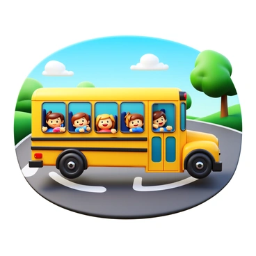 A 3D model of a bright yellow school bus with large windows and a black stripe along the side. The bus is loaded with cheerful cartoon-style students peeking out of the windows, all wearing backpacks. The scene shows the bus driving along a winding road with green trees and a clear blue sky in the background. The wheels of the bus are spinning, indicating movement, while a few puffs of white exhaust billow from the back.