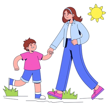 A child with short brown hair is holding a parent's hand while walking confidently. The child is wearing a bright red t-shirt and blue shorts, and has a cheerful expression on their face. The parent, with long hair tied back, is dressed in a light blue shirt and jeans. They both are walking on a simple path surrounded by green grass. The sun is shining, creating a warm atmosphere.