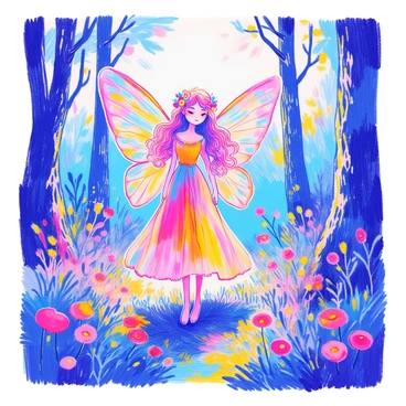 A whimsical fairy stands in a lush green forest. She has delicate, colorful wings that resemble those of a butterfly, displaying patterns of vibrant blues, yellows, and purples. Her hair cascades in soft waves, adorned with tiny flowers and leaves. She wears a flowing dress made of translucent fabric that mimics the colors of her wings. The forest around her is filled with tall trees, dappled sunlight filtering through the leaves, and colorful wildflowers blooming at her feet.