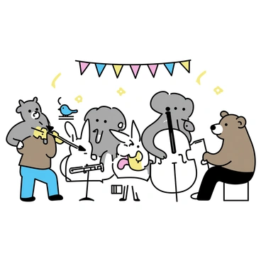 A group of animals is gathered in a concert setting, each playing different musical instruments. A brown bear is sitting on a stool, playing a large double bass. Next to the bear, a white rabbit is energetically playing a violin, with its ears perked up. A pair of elephants stand at the back, one holding a trumpet and the other a trombone. In front of them, a small bluebird is perched on a music stand, singing along. The scene is lively with colorful banners hanging above, creating a joyful atmosphere for this whimsical concert.