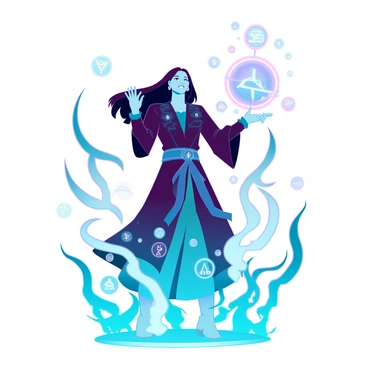 A character with long flowing hair and intricate robes stands confidently, their hands raised high as they cast a powerful spell. Surrounding them is a vibrant storm of swirling energy, with glowing orbs and arcs of light dancing in the air. The character's face shows determination and focus, while their robes billow dramatically in the force of the magical winds. The ground beneath them ripples with energy, and various runes and symbols glow brightly, radiating from the character's feet as they harness the spell's power.