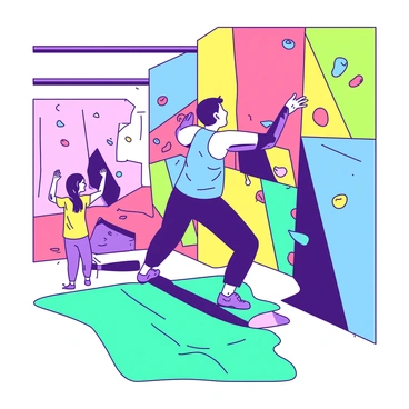 A person with a prosthetic arm is climbing a colorful indoor rock wall at a climbing gym. The person is wearing a blue tank top and climbing shoes, focusing intently on their next hold. In the background, two friends are climbing beside them, one wearing a yellow shirt and the other in a green shirt, both cheering and offering encouragement. The climbing gym has bright walls and various climbing routes marked with different colored holds, creating a vibrant atmosphere. The floor is covered with thick safety mats in teal and white, providing a secure landing area for climbers.