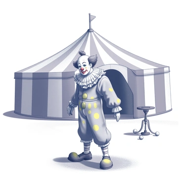 A circus clown wearing a traditional costume with oversized shoes and colorful patterns. The clown's face is painted with exaggerated facial features, including a large red nose and stark white makeup, emphasizing the tears streaming down. The clown stands in the center of a spacious, empty circus tent, which is characterized by its high, pointed ceiling and the characteristic striped fabric. The ground is covered with sawdust, and faint shadows hint at the absence of other performers or spectators. A few scattered props, such as a unicycle and juggling balls, can be seen in the background, enhancing the feeling of solitude.