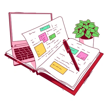 A close-up of a planner or notebook filled with notes next to a laptop and a plant.