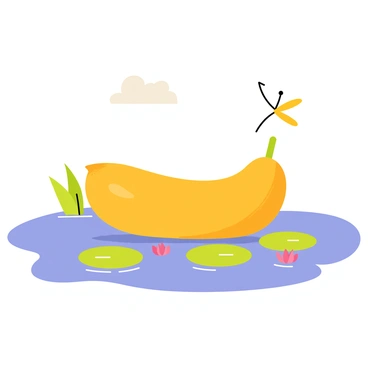 A small boat made out of a hollowed aubergine is floating on a calm pond. The boat has a smooth, shiny surface, reflecting the sunlight. Surrounding the boat, the pond is filled with green lily pads and delicate pink water lilies. The water is a clear blue, with gentle ripples around the base of the boat. Above, a few fluffy white clouds drift lazily across a bright blue sky. A small dragonfly hovers nearby, adding to the tranquil scene.