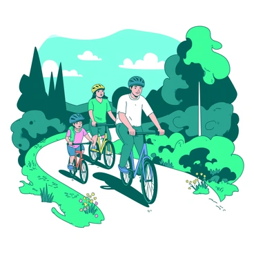 A teal family is biking together on a winding trail surrounded by lush greenery. The parents are in the front, wearing bright helmets, with the mother riding a blue bicycle and the father riding a yellow one. The children follow closely behind, with one child on a pink bike and the other riding a small orange bike. Sunlight filters through the trees, casting playful shadows on the ground as they enjoy their time together. The trail curves gently, lined with colorful wildflowers blooming along the edges.