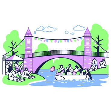 A lively river festival is unfolding around "London Bridge." Colorful decorations are hanging from the bridge and nearby trees, creating a festive atmosphere. Numerous stalls line the riverbank, showcasing goods and craft items. In the foreground, a group of people is enjoying traditional food and drinks. Some are wearing hats and light clothing, while others are sitting on picnic blankets. A small boat filled with passengers floats by on the river, adding to the lively scene. Colorful banners and streamers flutter in the breeze, enhancing the celebratory mood.