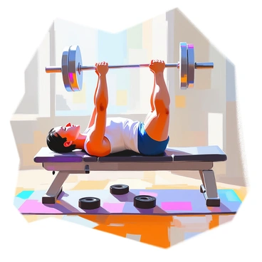 A person with medium skin tone is engaged in a unique physical activity that combines yoga and weightlifting. They are lying on a bench press, lifting a barbell above them with one hand, while the other hand is extended outward in a "Warrior II" yoga pose. The individual has short black hair and is wearing a fitted tank top and athletic shorts, highlighting their toned physique. The scene captures the blend of strength and flexibility, with weights positioned on either side of the barbell. The environment is a bright gym with wooden flooring and exercise mats scattered around.