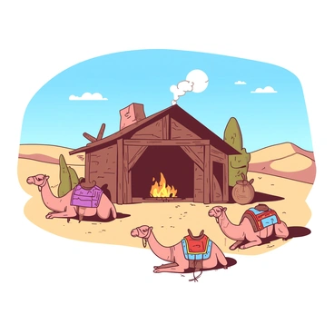 A blacksmith shop made of rustic wooden beams and stone stands prominently in a sandy desert landscape. The shop has an open doorway revealing a glowing forge inside, with plumes of smoke rising into the clear blue sky. Nearby, several camels are resting on the warm sand, their humps casting soft shadows. Each camel is adorned with colorful saddles and blankets that contrast with the earthy tones of the desert. In the background, rolling sand dunes stretch under the bright sun, completing the scene.