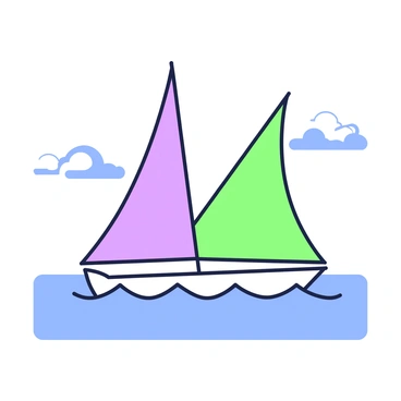 A sailboat with a triangular sail is navigating the open seas. The sail is billowing in the wind, and the boat has a sleek, streamlined hull. The ocean waves are gently rolling under the boat, creating a sense of movement. In the background, the sky is clear with a few wispy clouds, allowing the sunlight to shine down. The horizon stretches out in the distance, meeting the water at a straight line.