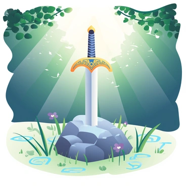 A legendary sword with a silver blade is embedded in a large gray stone at the center of a forest clearing. The hilt of the sword is adorned with intricate gold and blue designs, catching the light filtering through the trees. Surrounding the stone are glowing runes etched into the ground, emitting a soft blue light that illuminates the area. Tall green grass gently sways around the stone, and small wildflowers with purple petals peek through the foliage. In the background, the dense trees create a natural frame, with dappled sunlight streaming through the leaves above.