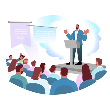 A preacher with a book in hand is standing on a raised platform, passionately gesturing as he delivers a sermon. He is dressed in a formal suit, and a podium is positioned in front of him. In the foreground, members of an engaged congregation are seated, attentively listening and taking notes. The congregation consists of diverse individuals of various ages and backgrounds, with some nodding in agreement. Soft beams of light illuminate the scene, creating a warm atmosphere. In the background, colorful banners are hung, featuring scriptural references.