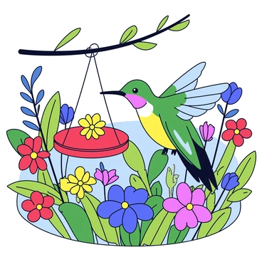 A vibrant hummingbird with iridescent green feathers is perched at a red nectar feeder. The feeder is hanging from a branch, with a bright yellow flower at the center. Surrounding the feeder is a lush garden filled with various green plants and colorful blossoms. Flowers in shades of red, pink, and purple bloom abundantly, creating a vivid backdrop. The sunlight filters through the leaves, casting soft shadows on the ground below.