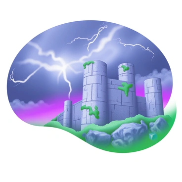 A scene depicting "ancient fortress walls" constructed from weathered stone, towering firmly amidst a landscape. The walls are intricately detailed, showcasing cracks and moss growth from years of standing against the elements. Above, a "stormy sky" filled with swirling dark clouds and flashes of lightning looms, casting dramatic shadows on the fortress. In the foreground, rugged terrain is visible, with patches of grass and scattered rocks. The overall atmosphere highlights the resilience of the fortress against the impending storm.