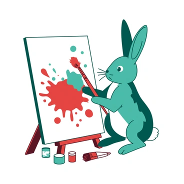 A teal hare stands on its hind legs, holding a red paintbrush with its front paws. The hare is focused on a large white canvas positioned in front of it. The canvas is splashed with various colors, showcasing a vibrant and lively artwork in progress. Around the canvas, there are paint tubes in different shades of red and teal, some rolled open, adding to the scene's creative atmosphere. The hare's ears are perked up, showcasing its concentration as it adds the finishing touches to its colorful masterpiece.
