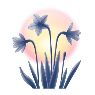 Silhouettes of several daffodil flowers positioned in the foreground. The flowers have distinct trumpet-shaped blooms and slender green stems. In the background, a sunset displays a gradient of orange and pink hues blending together, although the colors themselves are not described in the prompt. The contrast between the dark shapes of the daffodils and the softly illuminated sky creates a striking visual effect.