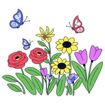 A garden with various types of colorful flowers, including red roses, yellow daisies, and purple tulips. The flowers are carefully arranged in clusters and have vibrant green leaves surrounding them. Several butterflies are fluttering around the flowers, with distinct patterns on their wings. The garden is set against a clear sky, enhancing the brightness of the scene.