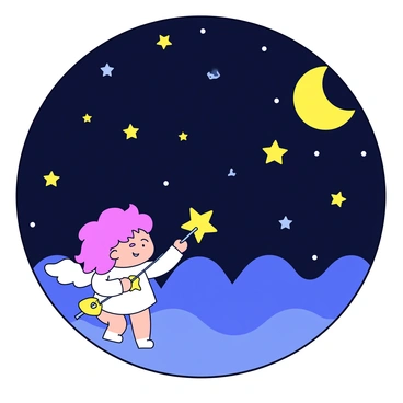 A cupidon with small wings is aiming a star-shaped arrow. The cupidon has curly hair and a playful expression. The arrow is pointed towards the vast starry night sky, filled with twinkling stars of different sizes. The moon is visible, casting a soft glow. The background features a gradient transitioning from deep blue to black, creating the illusion of depth in the night sky.