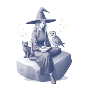 A young witch with a pointed hat and a flowing robe sits cross-legged on a large rock. She has long hair cascading down her shoulders. On her left shoulder, there is a black cat with bright eyes, perched comfortably and gazing around. On her right shoulder, an owl with a round face and intricate feather patterns sits, observing the surroundings with a wise expression. The witch is holding a small spellbook in her lap, and a few glowing orbs float around her, adding an enchanting atmosphere to the scene.