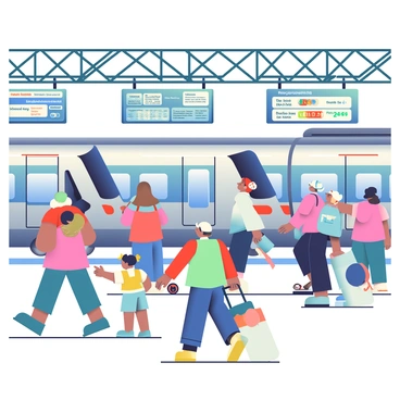 A busy train station is filled with passengers. People of various ages and ethnicities are seen carrying luggage and hurriedly boarding modern high-speed trains. The trains have sleek, aerodynamic designs, with silver and blue exteriors reflecting the station's bright lights. Large electronic displays show train schedules and departure times, while banners hang from the roof indicating various destinations. Throughout the scene, a few people are stopping to check their tickets, and a couple of children are pointing excitedly at the trains. The platform is bustling with activity, and the atmosphere is lively and energetic.