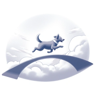 A dog is running energetically across a bridge that is arched and spans above the clouds. The bridge is detailed with soft, flowing lines, giving it a whimsical appearance. The dog's fur is visibly textured, and its ears are flapping in the wind as it sprints. The background features a sky filled with fluffy clouds, adding depth to the scene. Sunlight is shining down, creating a bright and open atmosphere.